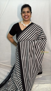 Vriksham Black & White Line Printed Cotton Mulmul Saree-VS4618
